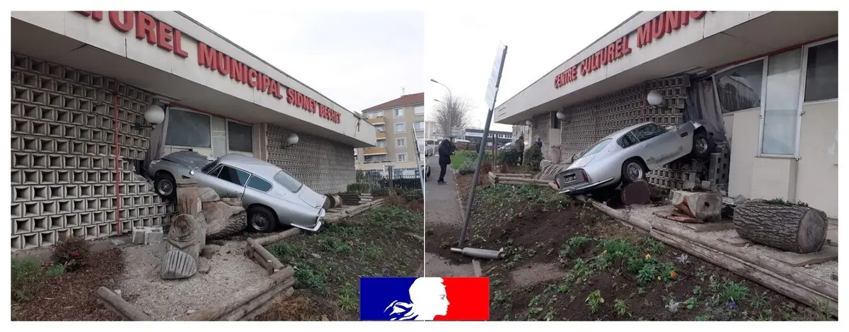Une magnifique Aston Martin DB6 termine dans le mur du Centre Culturel de Grigny